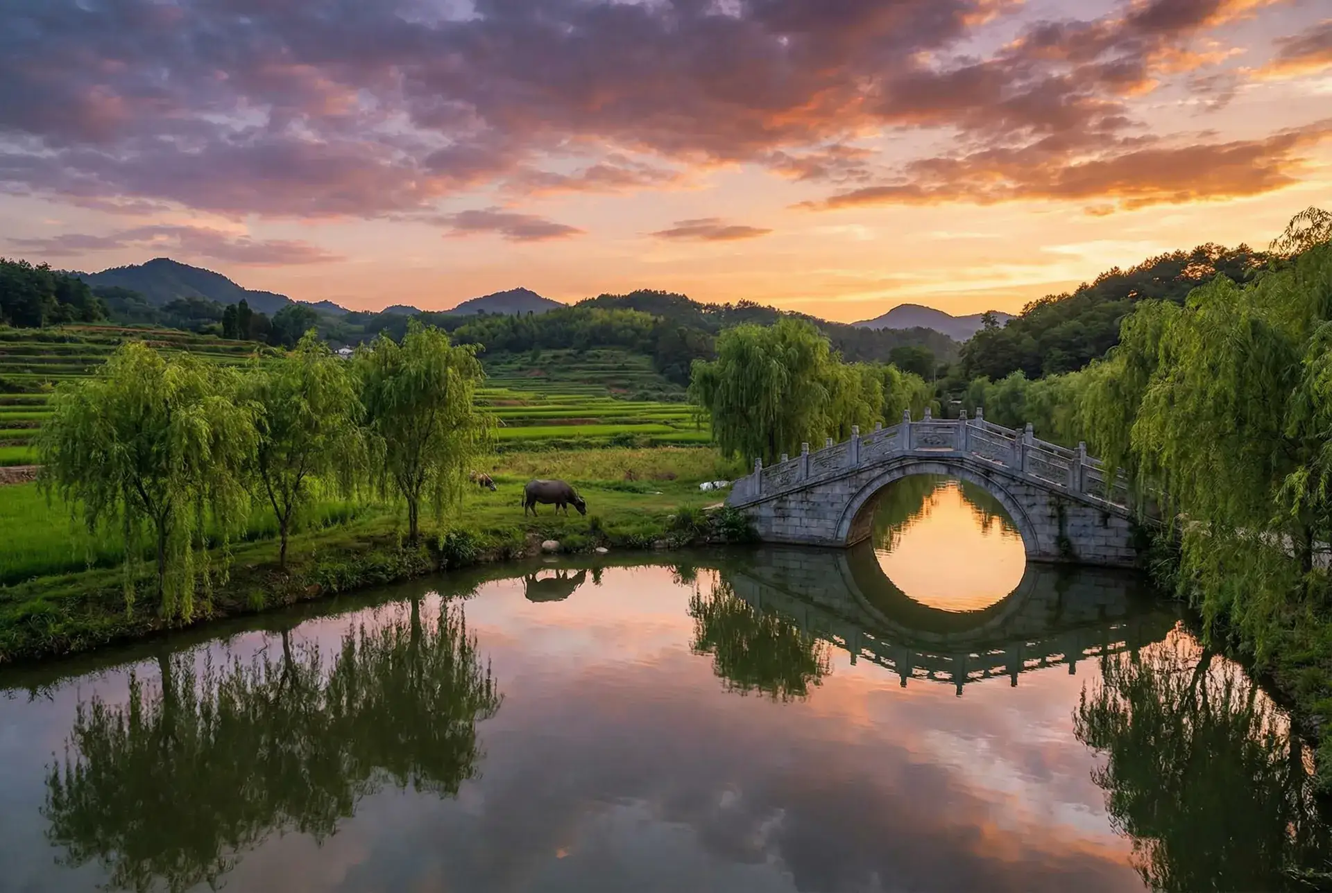 夕阳下的石拱桥与垂柳，水牛在河边吃草 - ovaみだれうち 乡村美景